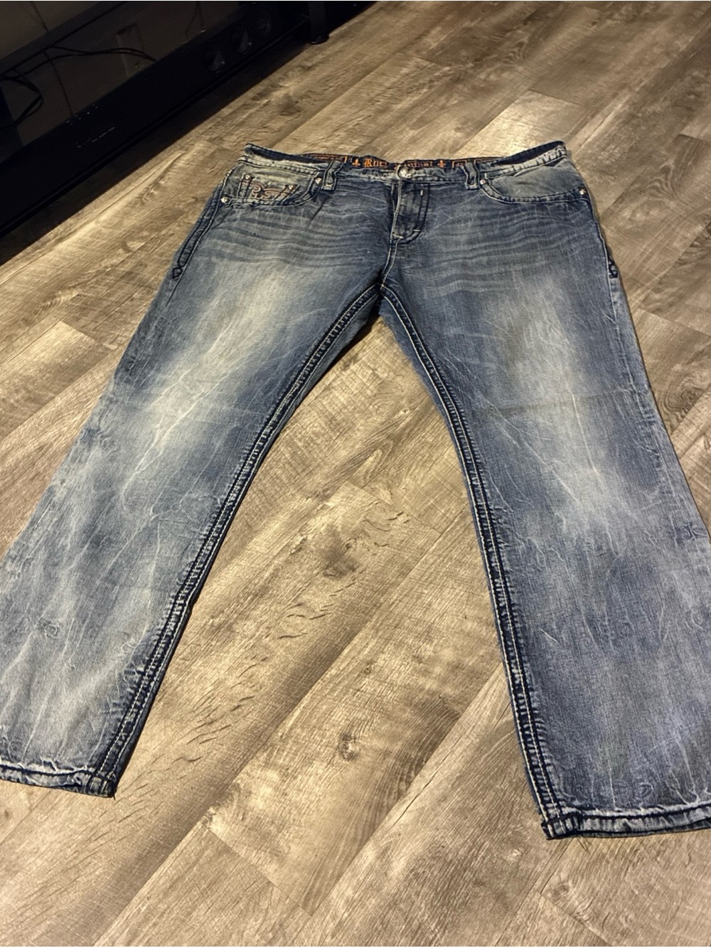 Rock Revival Chopper Relaxed Straight Men's Denim Jeans Thick Stitch SZ 42 Used